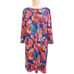 Fleur Bleue Floral Shift Dress Womens Large Blue Orange 3/4 Sleeve Excellent